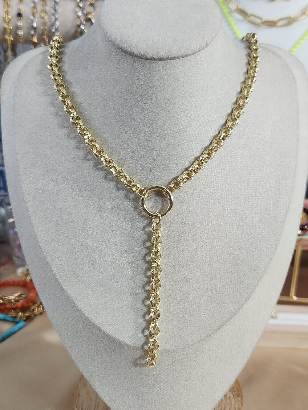 Gold Chain Lariat Necklace with Charm Holder